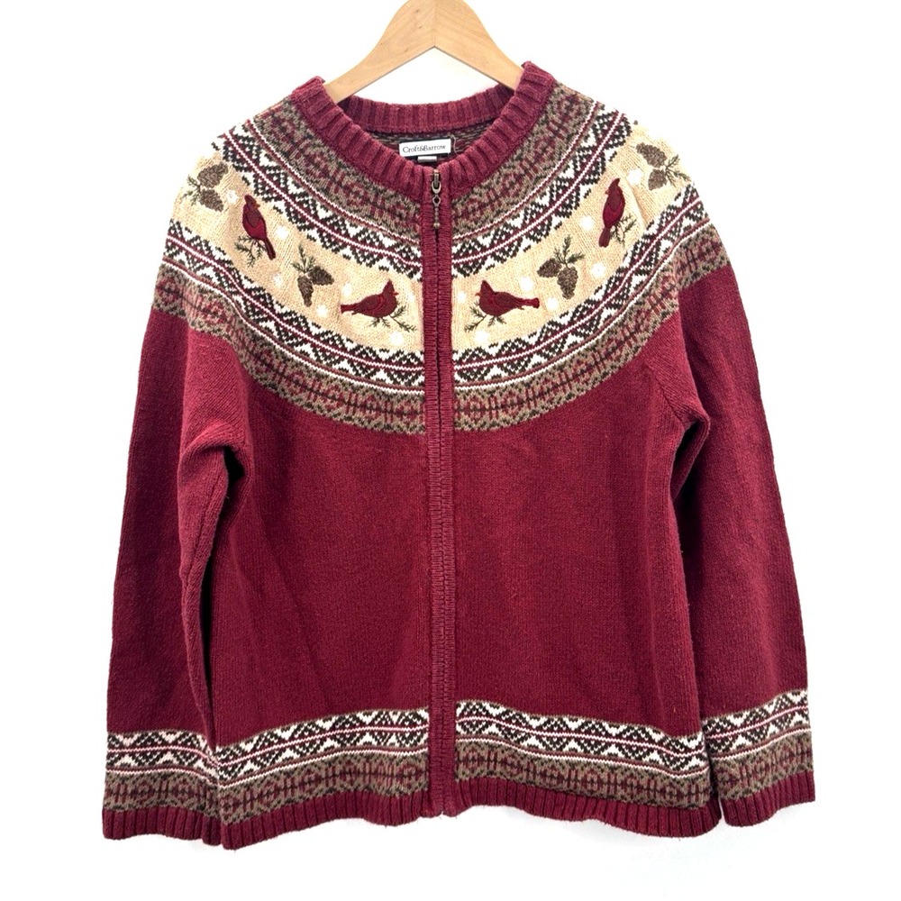 VTG Croft & Barrow Cardinal Pinecone Winter Full Zip Embroidered Cardigan XL